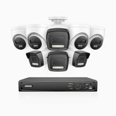 H500P - 3K 16 Channel PoE Security System with 4 Bullet & 4 Turret Cameras, Color & IR Night Vision, 3072*1728 Resolution, f/1.6 Aperture (0.005 Lux), Human & Vehicle Detection, Built-in Microphone,IP67