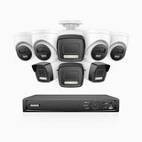 H500P - 3K 16 Channel PoE Security System with 4 Bullet & 4 Turret Cameras, Color & IR Night Vision, 3072*1728 Resolution, f/1.6 Aperture (0.005 Lux), Human & Vehicle Detection, Built-in Microphone,IP67
