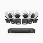 H500P - 3K 16 Channel PoE Security System with 6 Bullet & 6 Turret Cameras, Color & IR Night Vision, 3072*1728 Resolution, f/1.6 Aperture (0.005 Lux), Human & Vehicle Detection, Built-in Microphone,IP67