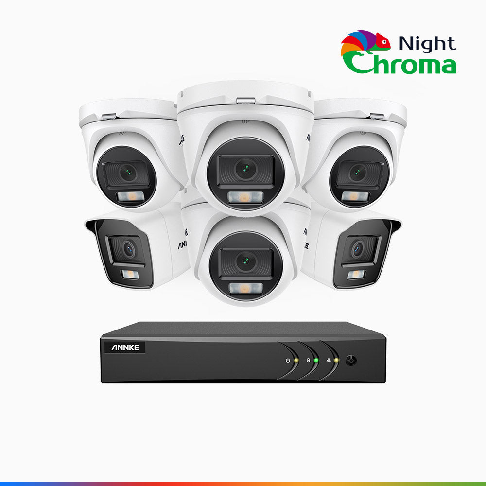 NightChroma<sup>TM</sup> NAK200 - 1080P 8 Channel Wired CCTV System with 2 Bullet & 4 Turret Cameras, Acme Colour Night Vision, f/1.0 Super Aperture, 0.001 Lux, 121° FoV, Active Alignment