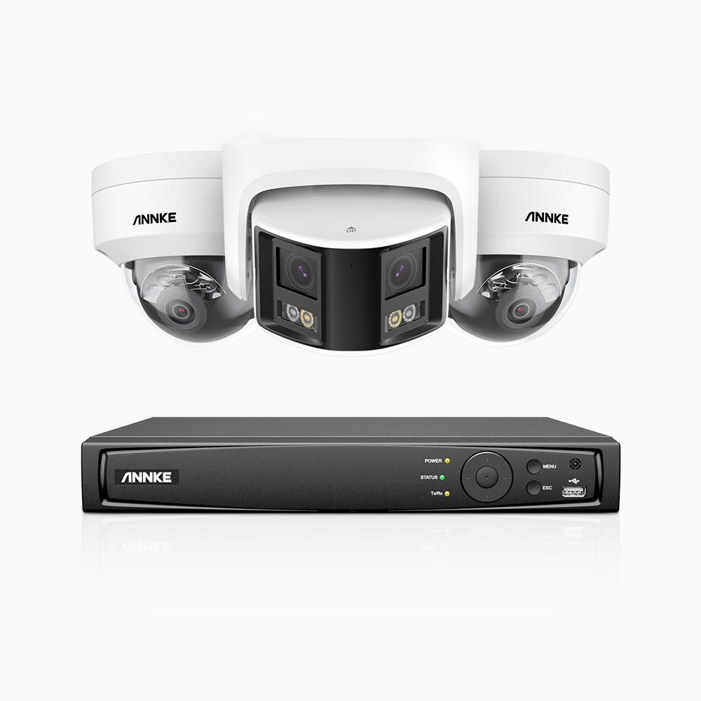 HDCK680 - 4 Channel PoE NVR Security System with Two 4K Cameras & One 6MP Dual Lens Panoramic Camera (180° Ultra Wide Angle), Human & Vehicle Detection, Built-in Microphone, Two-Way Audio