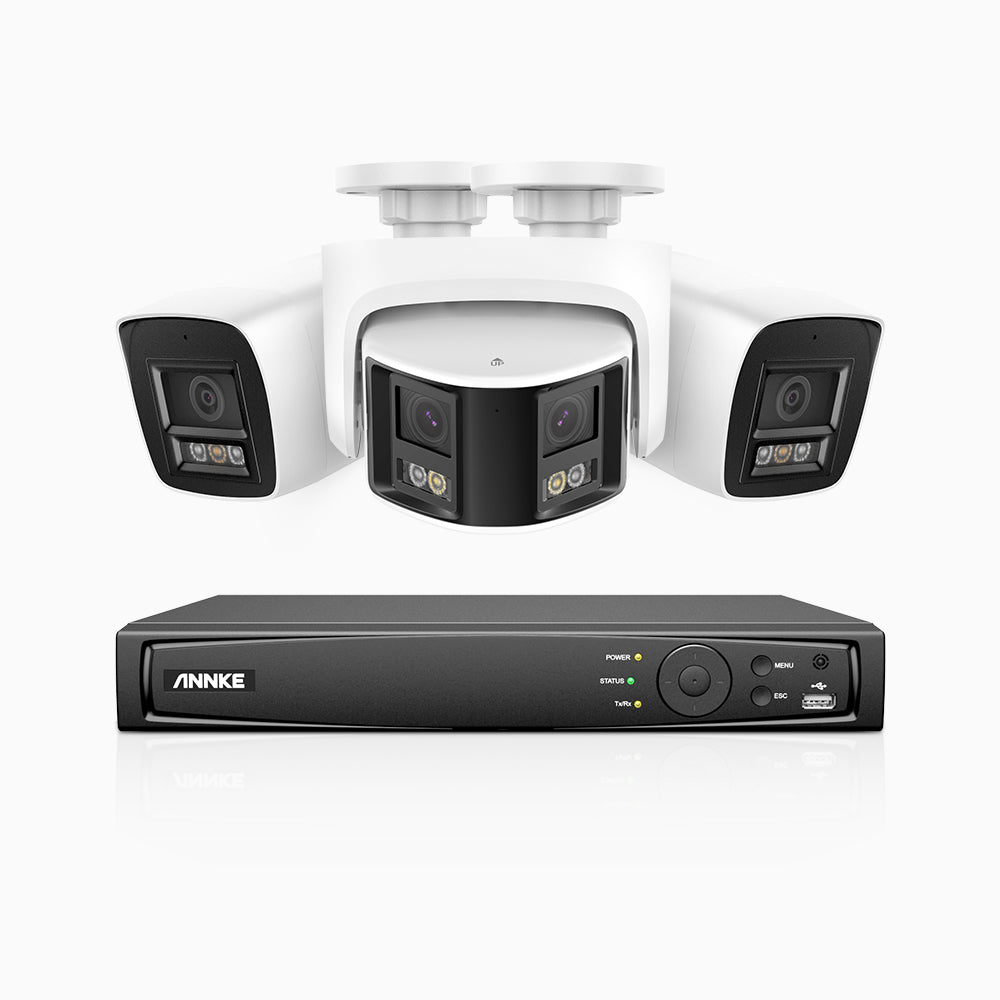 HDCK680 - 4 Channel PoE NVR Security System with Two 4K Cameras & One 6MP Dual Lens Panoramic Camera (180° Ultra Wide Angle), Human & Vehicle Detection, Built-in Microphone, Two-Way Audio