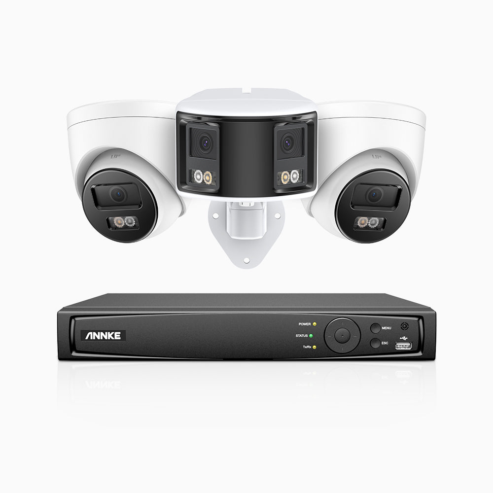 HDCK680 - 4 Channel PoE NVR Security System with Two 4K Cameras & One 6MP Dual Lens Panoramic Camera (180° Ultra Wide Angle), Human & Vehicle Detection, Built-in Microphone, Two-Way Audio