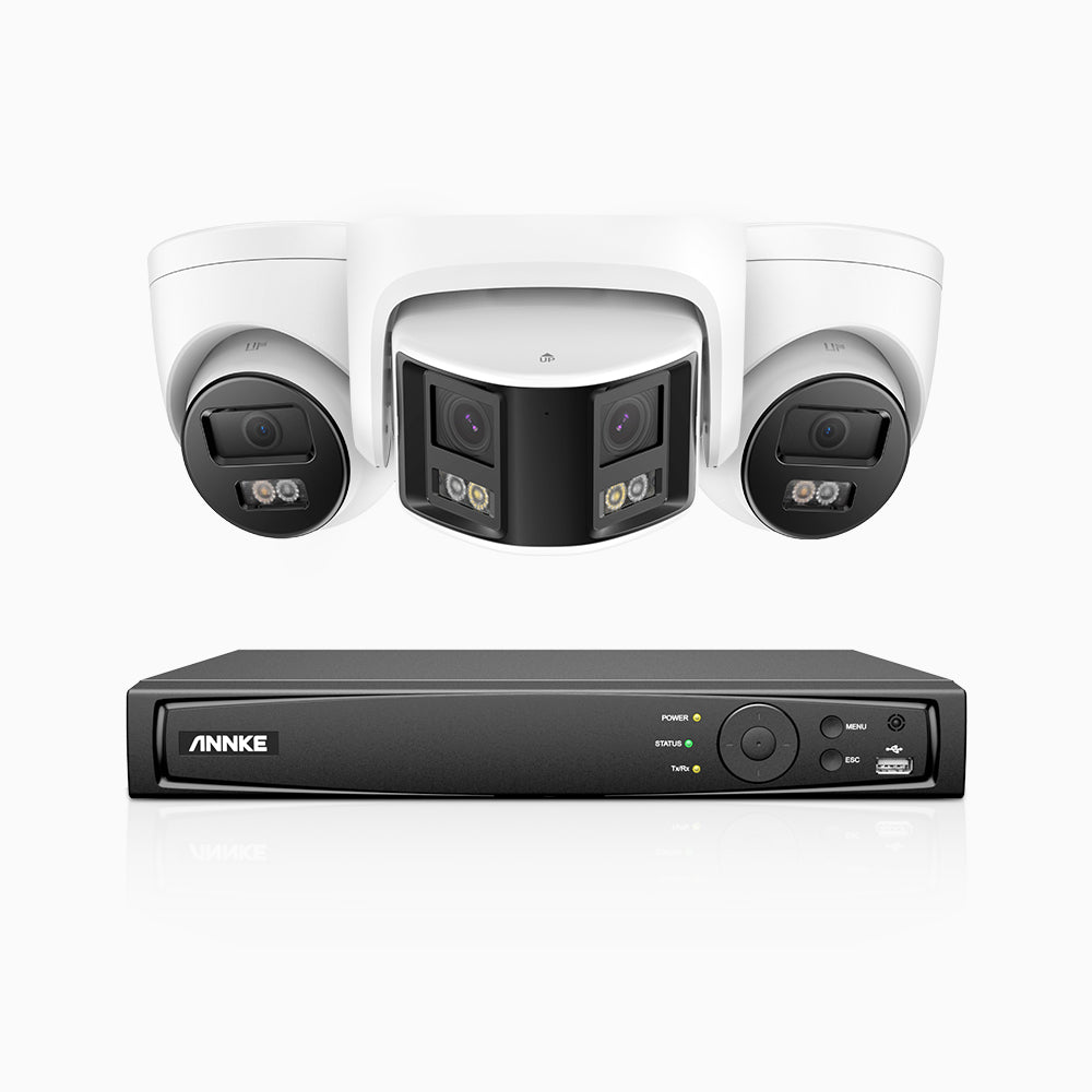 HDCK680 - 4 Channel PoE NVR Security System with Two 4K Cameras & One 6MP Dual Lens Panoramic Camera (180° Ultra Wide Angle), Human & Vehicle Detection, Built-in Microphone, Two-Way Audio