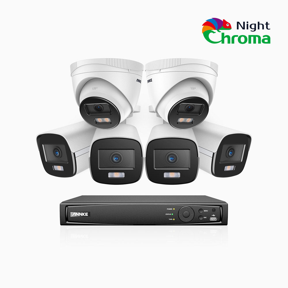 NightChroma<sup>TM</sup> NCK500 - 3K 8 Channel PoE Security System with 4 Bullet & 2 Turret Cameras, Acme Color Night Vision, f/1.0 Super Aperture, Active Alignment, Built-in Microphone, IP67