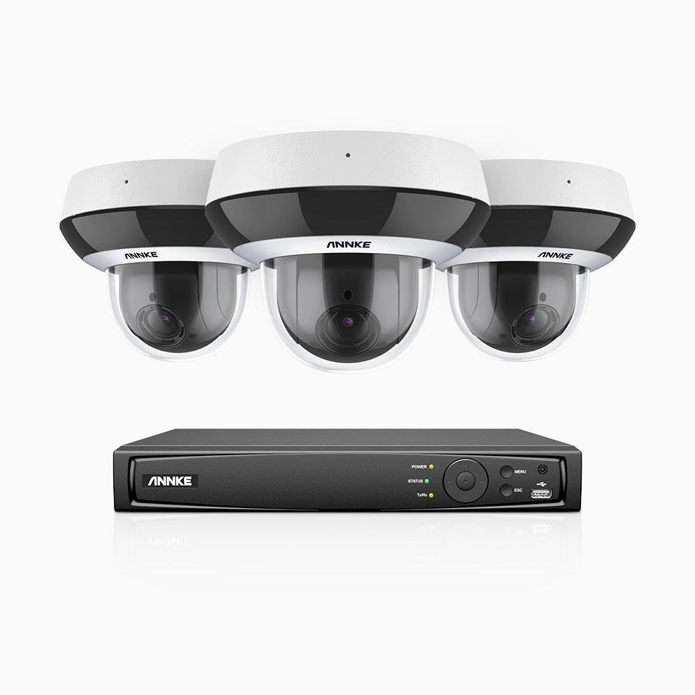 HCZ504 - 8 Channel 3 Cameras PTZ PoE Security System, 3K Super HD, 4X Optical Zoom, IK10 Vandal-Resistant, 2.8-12 mm Lens, Intelligent Behavior Analysis, Color Night Vision & Anti-Fog