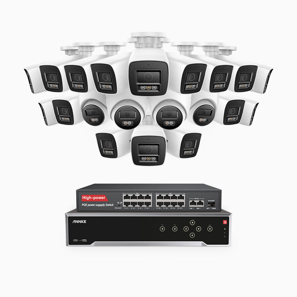 H800 - 4K 32 Channel PoE Security System with 16 Bullet & 4 Turret Cameras, Human & Vehicle Detection, Color & IR Night Vision, Built-in Mic, RTSP Supported, 16-Port PoE Switch Included