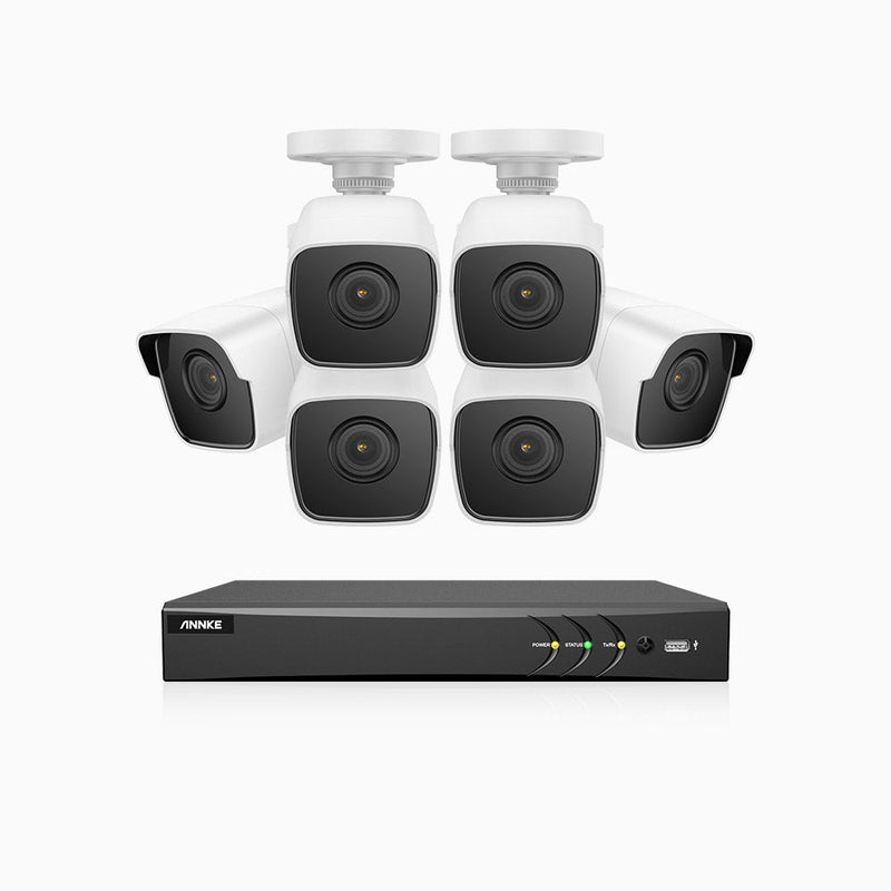 E500 – 5MP 8 Channel 6 Cameras Outdoor Wired Security System, Smart DVR with Human & Vehicle Detection, 100 ft Infrared Night Vision, IP67 Weatherproof