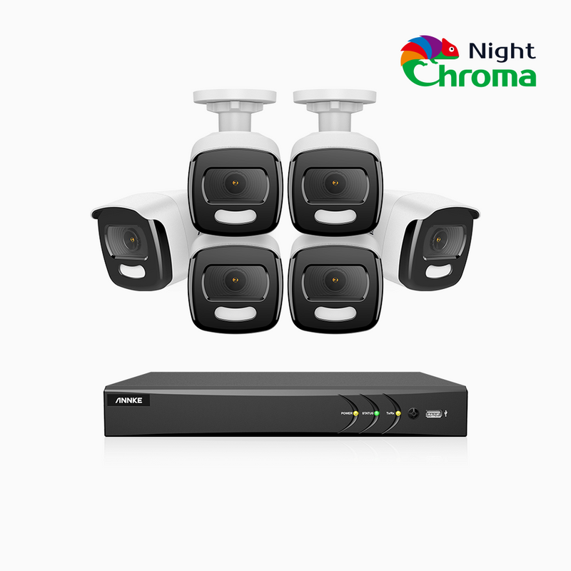 NightChroma<sup>TM</sup> NAK500 - 5MP 8 Channel 6 Camera Wired Security System, Acme Color Night Vision, f/1.0 Super Aperture, 0.0005 Lux