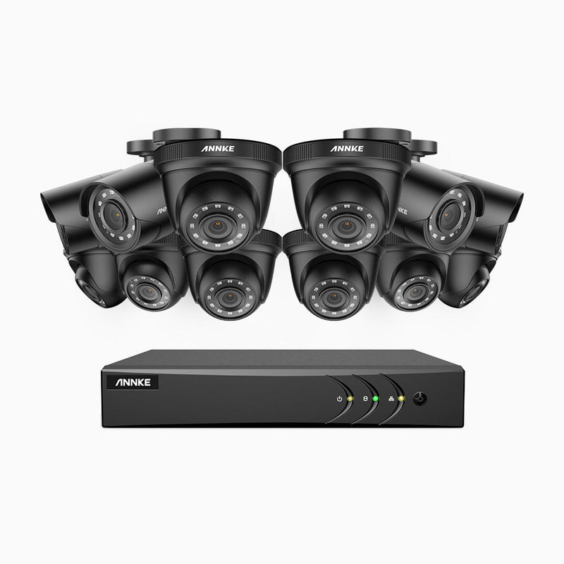 E200 - 1080p 16 Channel Outdoor Wired Security CCTV System with 4 Bullet & 8 Turret Cameras, Smart DVR with Human & Vehicle Detection, H.265+, 100 ft Infrared Night Vision