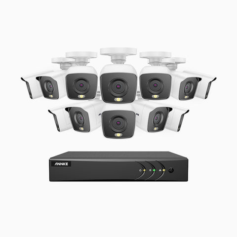 FC200 - 1080p 16 Channel 12 Cameras Wired Security System, Color Night Vision, 100 ft Supplement Light, IP67 Weatherproof, UL-Certification, H.265+ Smart DVR with Human & Vehicle Detection