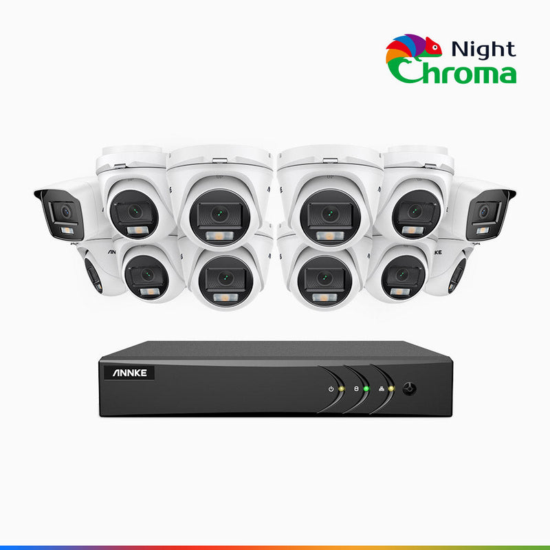 NightChroma<sup>TM</sup> NAK200 - 1080P 16 Channel Wired CCTV System with 2 Bullet & 10 Turret Cameras, Acme Colour Night Vision, f/1.0 Super Aperture, 0.001 Lux, 121° FoV, Active Alignment