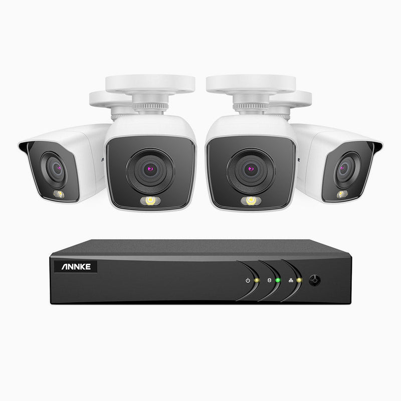 FC200 - 1080p 8 Channel 4 Cameras Wired Security System, Color Night Vision, 100 ft Supplement Light, IP67 Weatherproof, UL-Certification, H.265+ Smart DVR with Human & Vehicle Detection