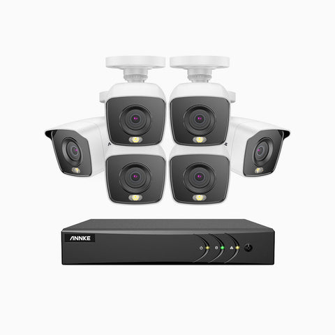 FC200 - 1080p 8 Channel 6 Cameras Wired Security System, Color Night Vision, 100 ft Supplement Light, IP67 Weatherproof, UL-Certification, H.265+ Smart DVR with Human & Vehicle Detection