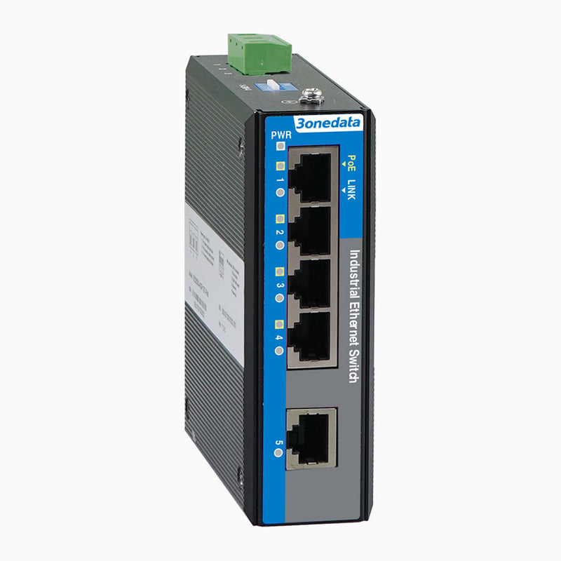 5 Port Unmanaged Industrial PoE Ethernet Switch, 48VDC Power Input, DIN-Rail Mount, IP40, -40℃ to 75℃, All-Metal Housing