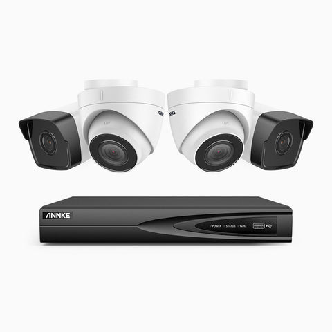 H500 - 5MP 4 Channel PoE Security System with 2 Bullet & 2 Turret Cameras, EXIR 2.0 Night Vision, Built-in Mic & SD Card Slot, Works with Alexa, IP67