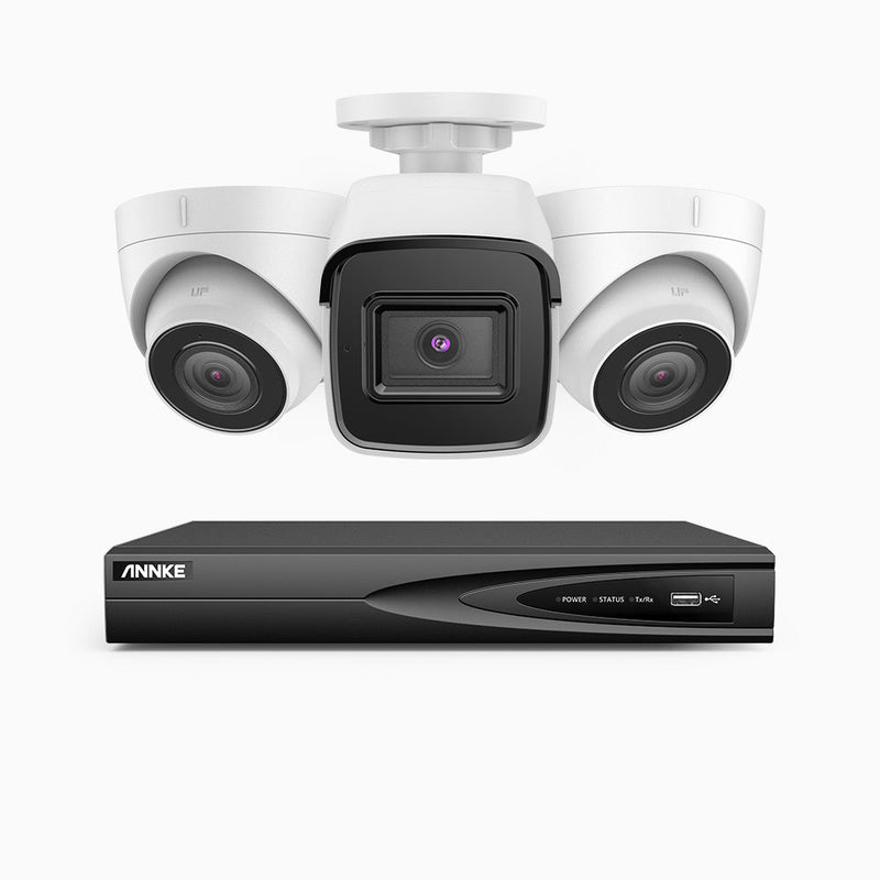 H800 - 4K 4 Channel PoE Security System with 1 Bullet & 2 Turret Cameras, Human & Vehicle Detection, EXIR 2.0 Night Vision, Built-in Mic, RTSP Supported