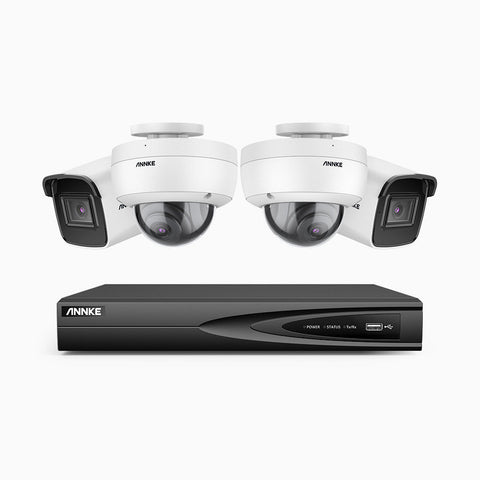 H800 - 4K 4 Channel PoE Security System with 2 Bullet & 2 Dome (IK10) Cameras, Vandal-Resistant, Human & Vehicle Detection, Built-in Mic, RTSP Supported