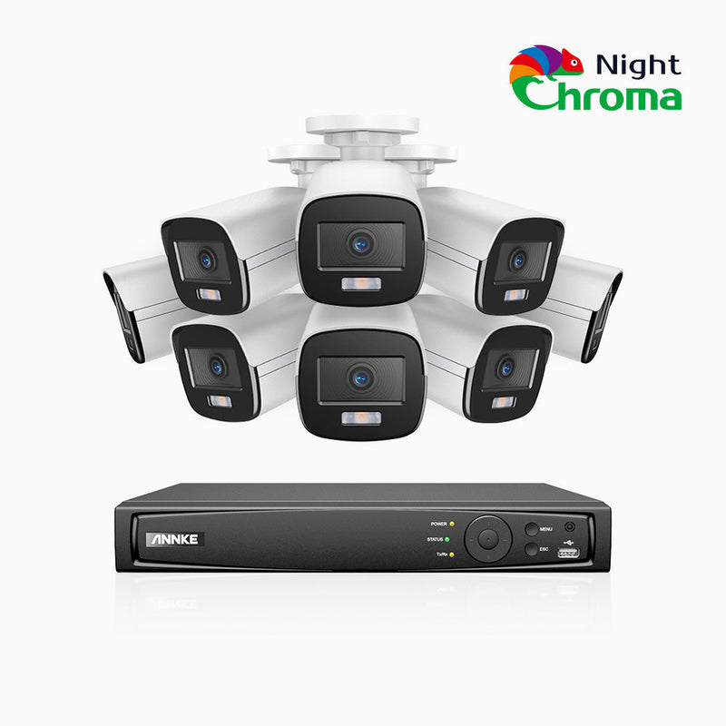 NightChroma<sup>TM</sup> NCK500 - 3K 16 Channel 8 Camera PoE Security System, Acme Color Night Vision, f/1.0 Super Aperture, Active Alignment, Built-in Microphone, IP67