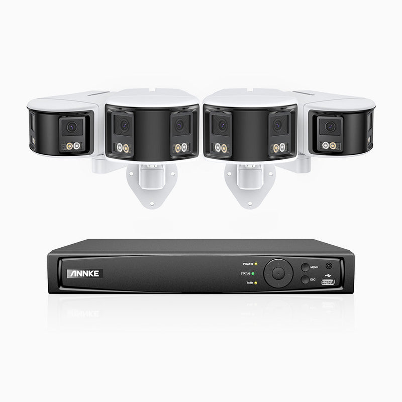 FDH600 - 8 Channel PoE Security System with 4 Dual Lens Cameras, 6MP Resolution, 180° Ultra Wide Angle, f/1.2 Super Aperture, Built-in Microphone, Active Siren & Alarm, Human & Vehicle Detection, 2-Way Audio