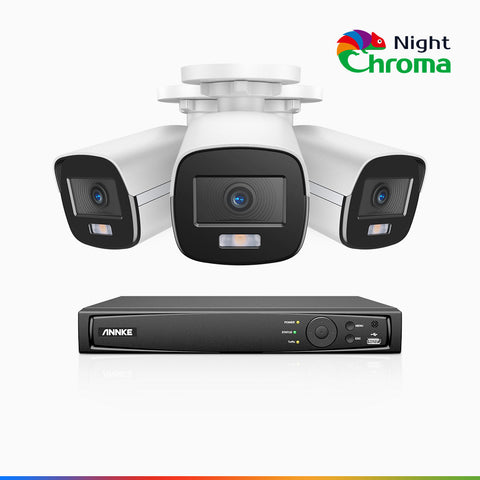 NightChroma<sup>TM</sup> NCK500 - 3K 8 Channel 3 Camera PoE Security System, Acme Color Night Vision, f/1.0 Super Aperture, Active Alignment, Built-in Microphone, IP67
