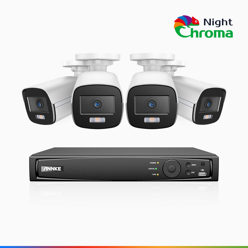 NightChroma<sup>TM</sup> NCK500 - 3K 8 Channel 4 Camera PoE Security System, Acme Color Night Vision, f/1.0 Super Aperture, Active Alignment, Built-in Microphone, IP67