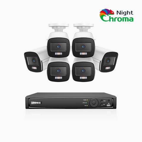 NightChroma<sup>TM</sup> NCK500 - 3K 8 Channel 6 Camera PoE Security System, Acme Color Night Vision, f/1.0 Super Aperture, Active Alignment, Built-in Microphone, IP67
