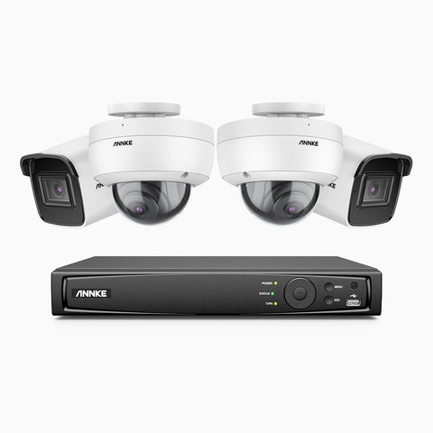 H800 - 4K 8 Channel PoE Security System with 2 Bullet & 2 Dome (IK10) Cameras, Vandal-Resistant, Human & Vehicle Detection, Built-in Mic, RTSP Supported