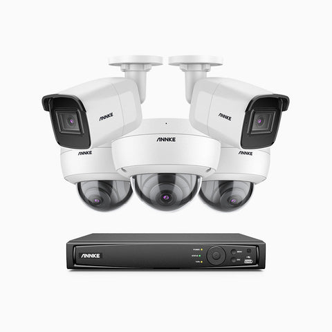 H800 - 4K 8 Channel PoE Security System with 2 Bullet & 3 Dome (IK10) Cameras, Vandal-Resistant, Human & Vehicle Detection, Built-in Mic, RTSP Supported