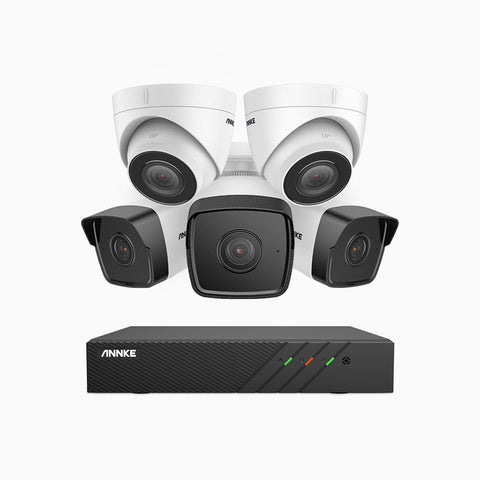 H500 - 5MP 8 Channel PoE Security System with 3 Bullet & 2 Turret Cameras, EXIR 2.0 Night Vision, Built-in Mic & SD Card Slot, RTSP Supported, Works with Alexa, IP67
