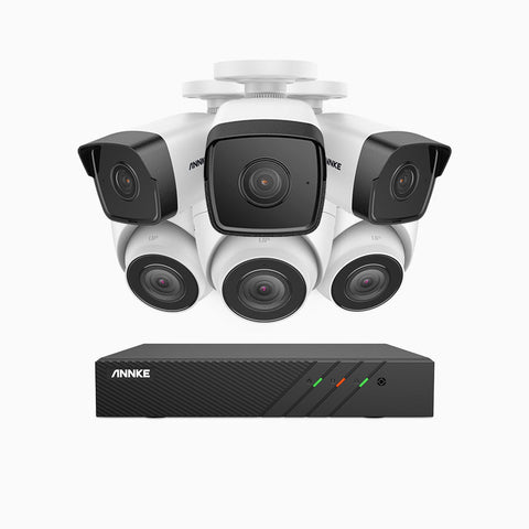 H500 - 5MP 8 Channel PoE Security System with 3 Bullet & 3 Turret Cameras, EXIR 2.0 Night Vision, Built-in Mic & SD Card Slot, RTSP Supported, Works with Alexa, IP67