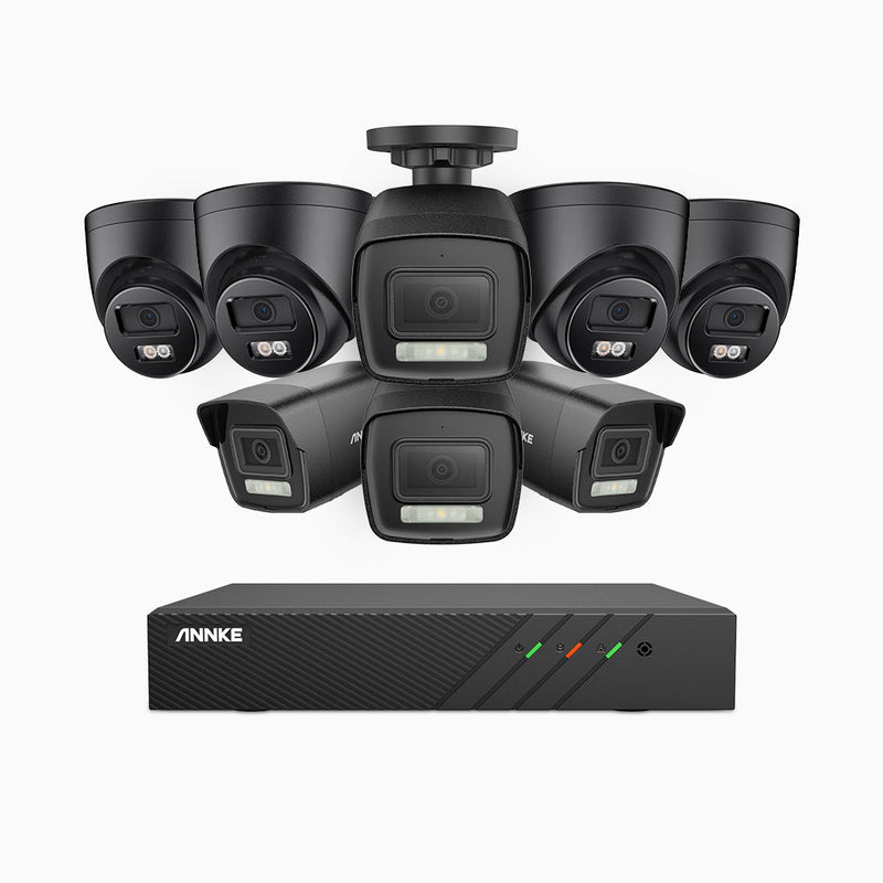 AH500 - 3K 8 Channel PoE Security System with 4 Bullet & 4 Turret Cameras, Color & IR Night Vision, 3072*1728 Resolution, f/1.6 Aperture (0.005 Lux), Human & Vehicle Detection, Built-in Microphone, IP67