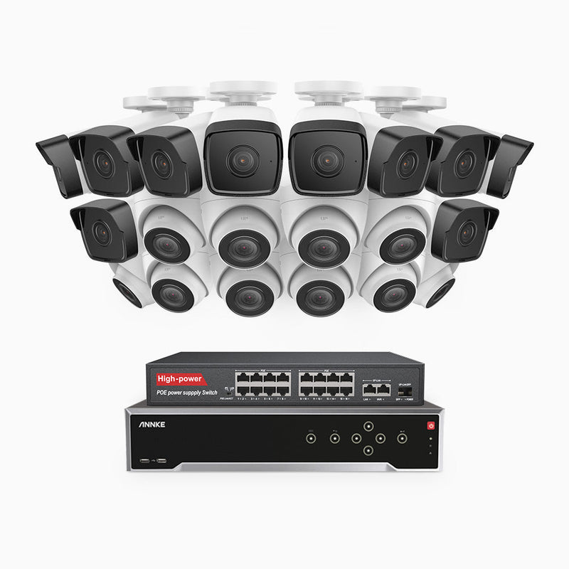 H500 - 5MP 32 Channel PoE Security System with 10 Bullet & 10 Turret Cameras, EXIR 2.0 Night Vision, IP67, Built-in Mic & SD Card Slot, Works with Alexa, 16-Port PoE Switch Included
