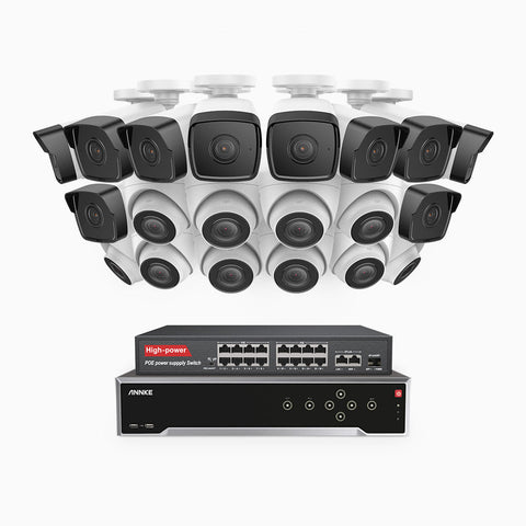 H500 - 5MP 32 Channel PoE Security System with 10 Bullet & 10 Turret Cameras, EXIR 2.0 Night Vision, IP67, Built-in Mic & SD Card Slot, Works with Alexa, 16-Port PoE Switch Included