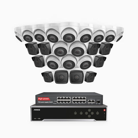 H500 - 5MP 32 Channel PoE Security System with 10 Bullet & 14 Turret Cameras, EXIR 2.0 Night Vision, IP67, Built-in Mic & SD Card Slot, Works with Alexa, 16-Port PoE Switch Included