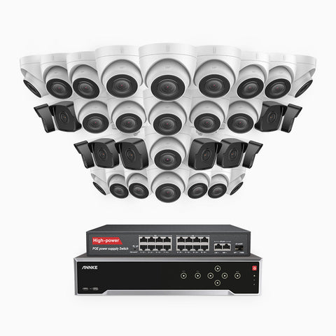H500 - 5MP 32 Channel PoE Security System with 10 Bullet & 22 Turret Cameras, EXIR 2.0 Night Vision, IP67, Built-in Mic & SD Card Slot, Works with Alexa, 16-Port PoE Switch Included