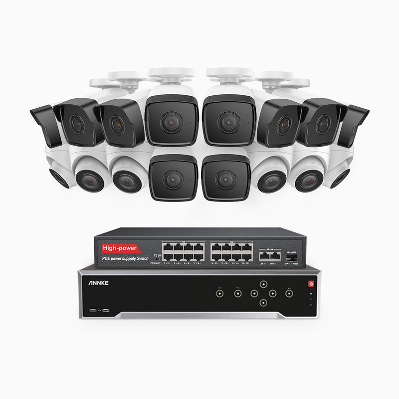 H500 - 5MP 32 Channel PoE Security System with 10 Bullet & 6 Turret Cameras, EXIR 2.0 Night Vision, IP67, Built-in Mic & SD Card Slot, Works with Alexa, 16-Port PoE Switch Included