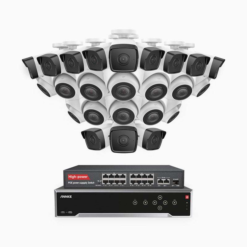 H500 - 5MP 32 Channel PoE Security System with 12 Bullet & 12 Turret Cameras, EXIR 2.0 Night Vision, IP67, Built-in Mic & SD Card Slot, Works with Alexa, 16-Port PoE Switch Included