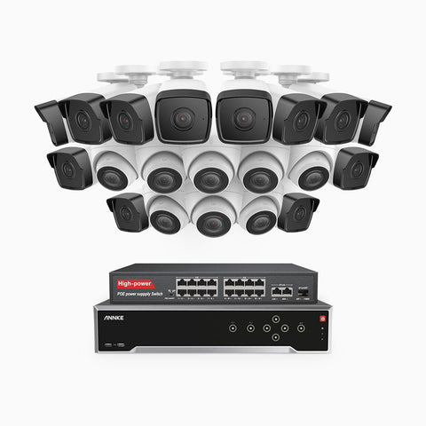 H500 - 5MP 32 Channel PoE Security System with 12 Bullet & 8 Turret Cameras, EXIR 2.0 Night Vision, IP67, Built-in Mic & SD Card Slot, Works with Alexa, 16-Port PoE Switch Included