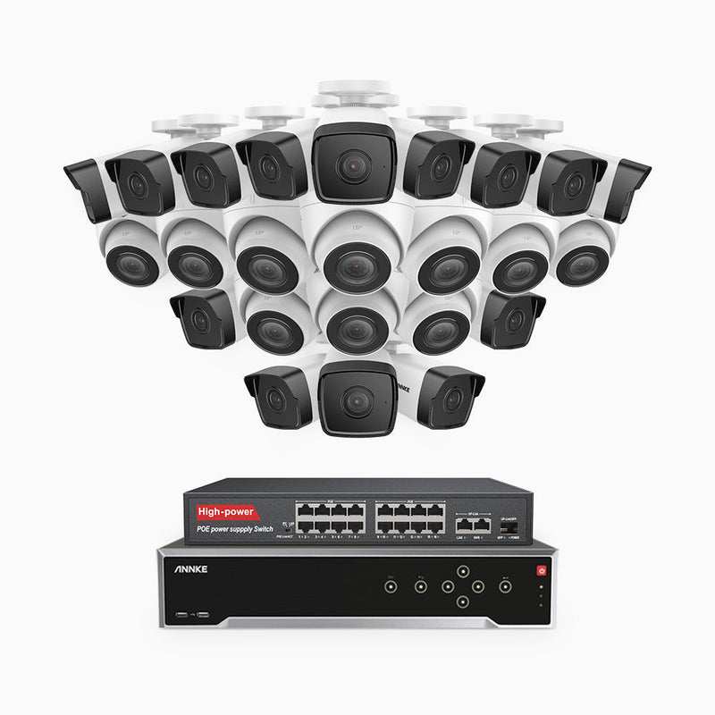 H500 - 5MP 32 Channel PoE Security System with 14 Bullet & 10 Turret Cameras, EXIR 2.0 Night Vision, IP67, Built-in Mic & SD Card Slot, Works with Alexa, 16-Port PoE Switch Included