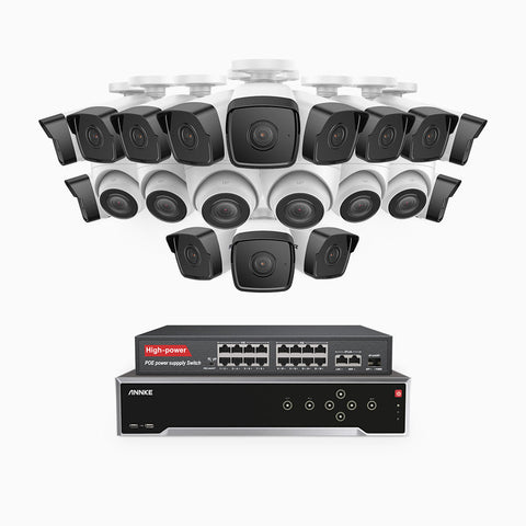H500 - 5MP 32 Channel PoE Security System with 14 Bullet & 6 Turret Cameras, EXIR 2.0 Night Vision, IP67, Built-in Mic & SD Card Slot, Works with Alexa, 16-Port PoE Switch Included