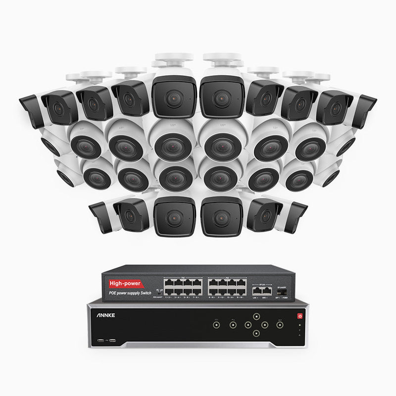 H500 - 5MP 32 Channel PoE Security System with 16 Bullet & 16 Turret Cameras, EXIR 2.0 Night Vision, IP67, Built-in Mic & SD Card Slot, Works with Alexa, 16-Port PoE Switch Included