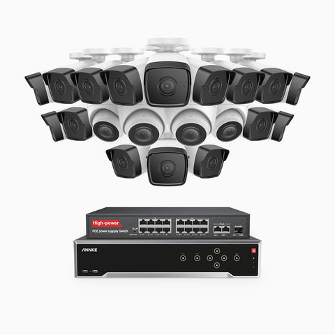 H500 - 5MP 32 Channel PoE Security System with 16 Bullet & 4 Turret Cameras, EXIR 2.0 Night Vision, IP67, Built-in Mic & SD Card Slot, Works with Alexa, 16-Port PoE Switch Included