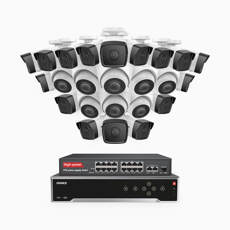 H500 - 5MP 32 Channel PoE Security System with 16 Bullet & 8 Turret Cameras, EXIR 2.0 Night Vision, IP67, Built-in Mic & SD Card Slot, Works with Alexa, 16-Port PoE Switch Included