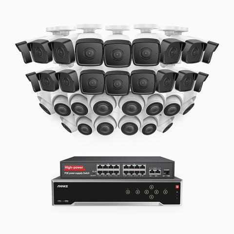 H500 - 5MP 32 Channel PoE Security System with 18 Bullet & 14 Turret Cameras, EXIR 2.0 Night Vision, IP67, Built-in Mic & SD Card Slot, Works with Alexa, 16-Port PoE Switch Included
