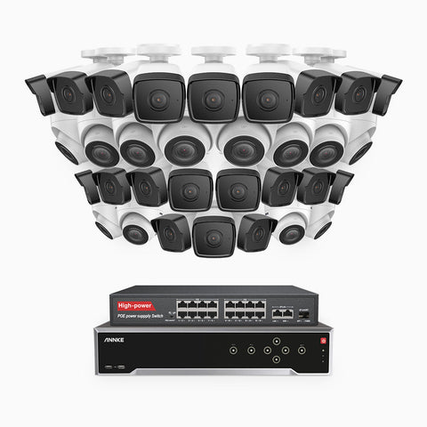 H500 - 5MP 32 Channel PoE Security System with 20 Bullet & 12 Turret Cameras, EXIR 2.0 Night Vision, IP67, Built-in Mic & SD Card Slot, Works with Alexa, 16-Port PoE Switch Included