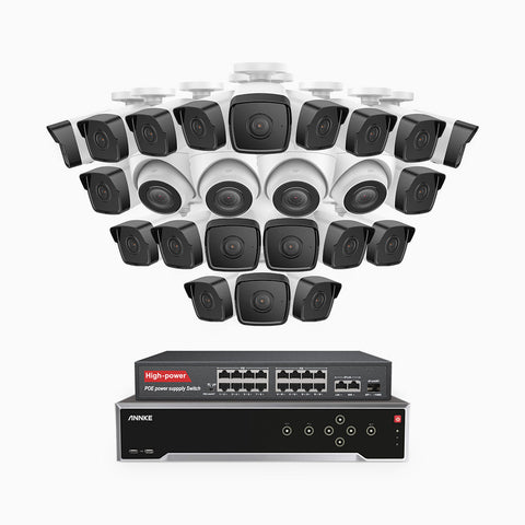 H500 - 5MP 32 Channel PoE Security System with 20 Bullet & 4 Turret Cameras, EXIR 2.0 Night Vision, IP67, Built-in Mic & SD Card Slot, Works with Alexa, 16-Port PoE Switch Included