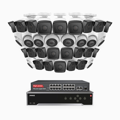 H500 - 5MP 32 Channel PoE Security System with 22 Bullet & 10 Turret Cameras, EXIR 2.0 Night Vision, IP67, Built-in Mic & SD Card Slot, Works with Alexa, 16-Port PoE Switch Included