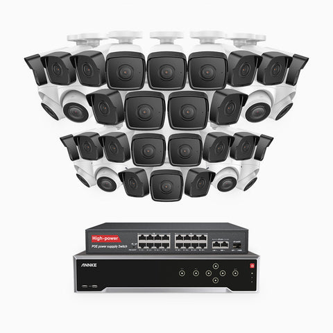 H500 - 5MP 32 Channel PoE Security System with 24 Bullet & 8 Turret Cameras, EXIR 2.0 Night Vision, IP67, Built-in Mic & SD Card Slot, Works with Alexa, 16-Port PoE Switch Included