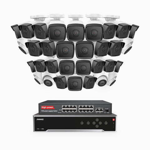 H500 - 5MP 32 Channel PoE Security System with 26 Bullet & 6 Turret Cameras, EXIR 2.0 Night Vision, IP67, Built-in Mic & SD Card Slot, Works with Alexa, 16-Port PoE Switch Included